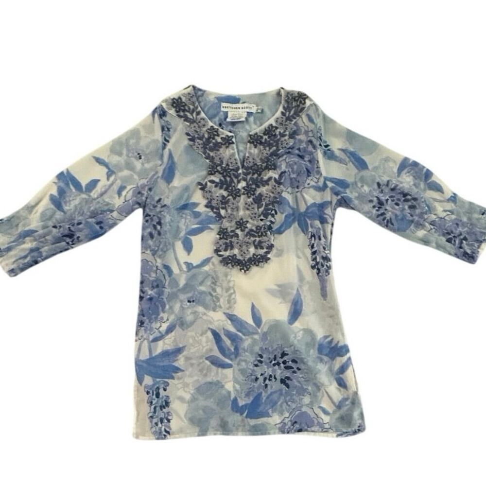 Gretchen Scott Blue Floral Embroidered Tunic Blouse XS 3/4 Sleeve Resort Top